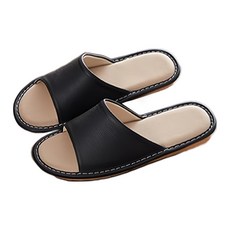 真皮頭層牛皮配亞麻防滑室內拖鞋, 27(39-40), 黑色, 1雙