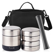 TUMS 全不鏽鋼保溫便當盒300ml + 配菜盒200ml x 2入 + 筷子 + 筷盒 + 提袋組合, 1個, 黑色