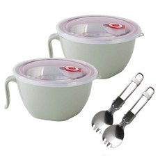 FAmILyLIFE 生活 316不鏽鋼隔熱保鮮泡麵碗 1200ml 2入組 附上蓋+湯叉匙, 1個, 香草綠