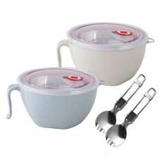 FAmILyLIFE 生活 316不鏽鋼隔熱保鮮泡麵碗 1200ml 2入組 附上蓋+湯叉匙, 1個, 蘇打藍 + 奶昔白