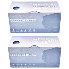 JUN 郡昱 成人平面滿版醫療口罩, 靜謐藍色, 50片, 2盒