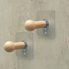 居家達人 強力無痕貼實木掛勾 2個, 球型長款 木質調 + 透明, 1盒