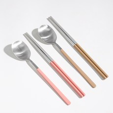 KIVOLI SUS 304 馬卡龍色韓式2人餐具組, 粉紅色 + 摩卡色, 湯匙(2p) + 筷子(2p), 1套