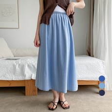 데이템 여성용 심플 데님 밴딩 롱 스커트