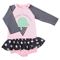 女童長袖防曬泳衣套裝 S 可愛風範 圓點裙擺 玩水必備 夏日冰淇淋