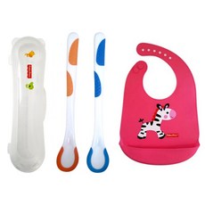 fisher-price 費雪 感溫湯匙 2支+收納盒+動物印花矽膠圍兜, 粉色(圍兜), 1組
