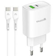 VALUEM GaN 25W PD + USB-A 2埠 PPS 超高速多功能充電器 + C to C 25W 充電線, 白色, 1套