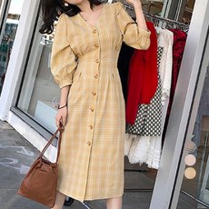 페이퍼먼츠 브이넥 체크 봄 가을 롱 원피스 5986