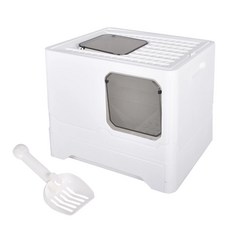 Truly House 雙門全封閉防濺砂折疊式貓砂盆套裝，白色，附貓砂鏟, 加大款, 1組