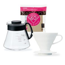 HARIO V60 XVD陶瓷手沖咖啡過濾杯+咖啡濾紙組 3~4人份適用+量杯, 白色(滴頭)+黑色(咖啡壺)+棕色(濾紙), 1組