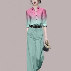 ViVEMO 女款漸變復古長袖襯衫寬長褲套裝 01230