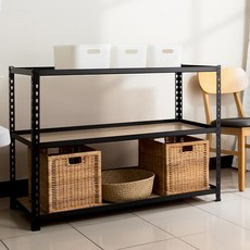 AMOS 免螺絲角鋼木板貨架, 黑色, 3層