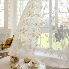 Mimisole 豐富可愛雛菊刺繡紗簾 穿桿式, 白色 米色