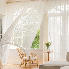 Mimisole 棉花糖臥室客廳透光雪紡穿桿式窗簾, 白色