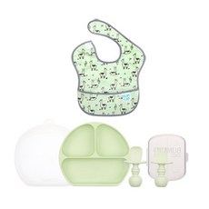 범킨스 베이비 피딩 식판 4종 풀세트, 세이지 + 라마, 식판 + 덮개 + 실리콘 스푼포크 + 케이스 + 이유식 턱받이, 1개