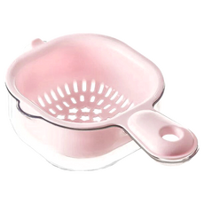 日本SP SAUCE 水果專用手持式雙層瀝水籃調理盆Set - 迷你設計 多色可選, 調理盆19.5 x 12 x 6cm 透明 + 瀝水籃19 x 12 x 5cm, 粉紅色, 1組