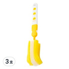 PiYOPiYO 黃色小鴨 組合式奶瓶刷, 柔軟海綿不刮傷奶瓶, 外出攜帶便利, 4 x 29cm, 黃色, 3支