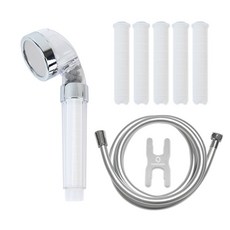 HOMEDAUM 三段式調節濾芯蓮蓬頭+濾芯 5入+防纏繞PVC淋浴軟管2m組, 混色(窄版), 1組