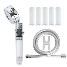 HOMEDAUM 3段式多功能增壓蓮蓬頭+濾芯 5支入+沐浴軟管 1.5m組, 1組, 白色