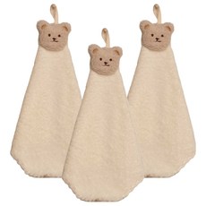沐慕家居 毛絨純棉材質擦手巾 吸水速乾 掛式設計, 米白色熊頭 白底, 3個