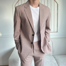 男款夏季亞麻雙扣休閒西裝外套長褲套裝