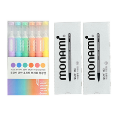 투코비 코마 소프트 브러쉬 형광펜 6종 + 모나미 153 볼펜 0.5mm 24p 세트, 파스텔퍼플, 파스텔블루, 파스텔그린, 파스텔오렌지, 파스텔핑크, 파스텔옐로우(형광펜), 블랙(볼펜), 1세트