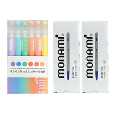 투코비 코마 소프트 브러쉬 형광펜 6종 + 모나미 153 볼펜 0.5mm 24p 세트, 파스텔퍼플, 파스텔블루, 파스텔그린, 파스텔오렌지, 파스텔핑크, 파스텔옐로우(형광펜), 블루(볼펜), 1세트