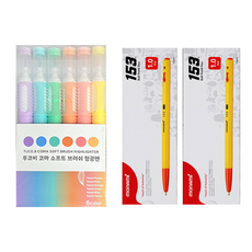 Tukovi Coma 軟刷頭螢光筆 6色 + Monami 153 1.0mm 原子筆 24入組, 1套, 粉紫色, 粉藍色, 粉綠色, 粉橘色, 粉紅色, 粉黃色(螢光筆), 紅色(原子筆)