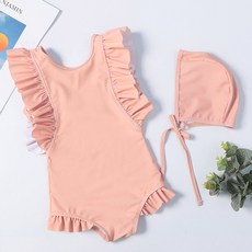 woojooi 女童可愛荷葉邊連身泳衣 + 泳帽組