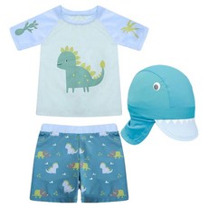 男童款 綠底恐龍 短袖分體泳衣套裝 (上衣+泳褲+泳帽), 14, 1組