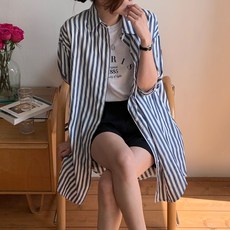 afinar 女款寬鬆版條紋基本款長版襯衫