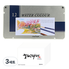 동아 문화 수채 색연필 틴 케이스 12색 + 동아PMS 캘리그라피 패드 60p 문구세트, 혼합색상, 3세트