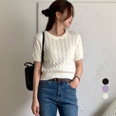 afinar 女款麻花圓領短袖針織衫