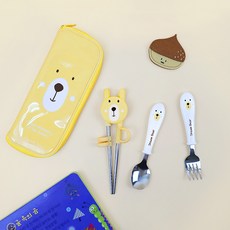 kitchen U Bear舒適不鏽鋼湯匙叉子筷子餐具組, 湯匙 + 叉子 + 筷子 + 餐具盒, 1套, 混合顏色