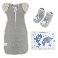 可莉鹿 嬰兒禮盒組 彈力棉質嬰兒蝴蝶型包巾 + 寶寶襪 + 紗布包巾, 灰色, 1盒