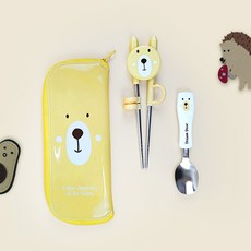 kitchen U 小熊不鏽鋼餐具筷子餐具組, 1套, 湯匙 + 筷子 + 餐具盒, 混合色