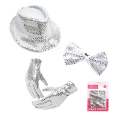 PARTYSHOW 派對亮片手套 銀色 雙手佩戴+亮片紳士帽 銀色+豪華雙面蝴蝶結 中, 銀色 + 銀色 + 雙面銀色, 1套