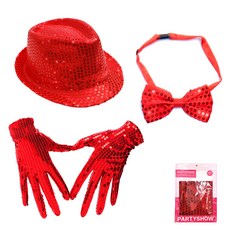 PARTYSHOW 派對亮片手套 雙手穿戴 + 閃亮紳士帽 + 豪華蝴蝶領結 (中), 紅色 + 紅色 + 雙面紅色, 1套