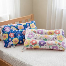 100%純棉可水洗兒童枕頭 2個, 花朵獨角獸 藍色 + 花朵獨角獸