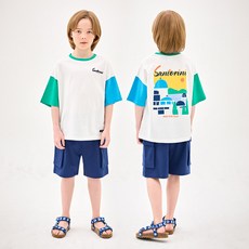 JELISPOON 兒童透氣聖托里尼寬鬆版型短袖 + 工裝褲套裝