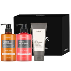 KUNDAL 昆黛爾 蜂蜜夏威夷果沐浴乳+身體乳液+洗面乳禮盒 櫻花香, 1組