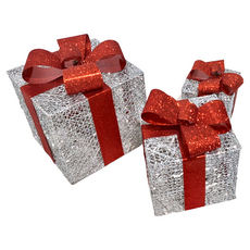 鐵藝禮物盒 (3入), 15 + 20 + 25cm, 銀底 + 紅蔥蝴蝶結, 1組