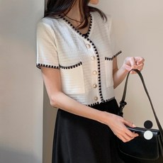 afinar 女款花呢短版短袖開襟衫