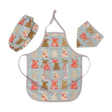 Coney Island 孩童圖案印花純棉圍裙+袖套+頭巾, 復古兔（藍色）