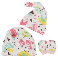 OhBabyLying 母嬰同款月子帽嬰兒帽防抓手套禮盒3件組 - 純棉 獨立包裝 適用年齡0-6個月 (手套), 粉色愛心, 1組, FREE SIZE