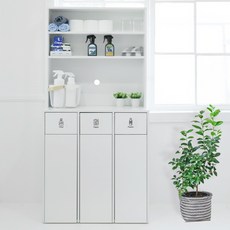 필웰 무노 분리수거함 수납장 + 상부장 세트 방문설치, 화이트, 3단