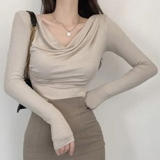 비비에모 여성용 슬림한 브이넥 주름 티셔츠 06239
