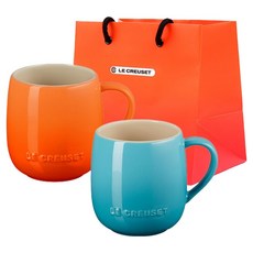 르크루제 레인보우 마시멜로 머그컵 380ml 2p + 쇼핑백 S(29 x 28 x 13.5 cm) 세트, 주황 + 캐리비안블루, 1세트