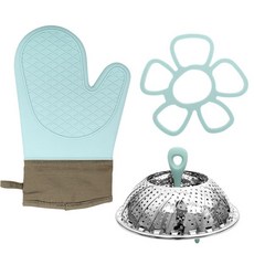 Cook Charmy 不銹鋼蒸鍋+廚房手套+三葉草造型矽膠鍋墊, 28厘米, 1套