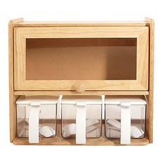 ACACIA 調味料收納櫃組, 1組, 掀蓋式收納櫃(30*13*28.5cm)*1個+調味罐含勺匙 650ml*3個